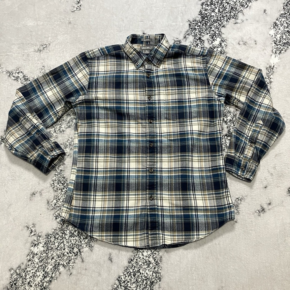 Eddie Bauer Flannel Shirt Mens Small Relaxed Fit Blue Tan Plaid Button Up